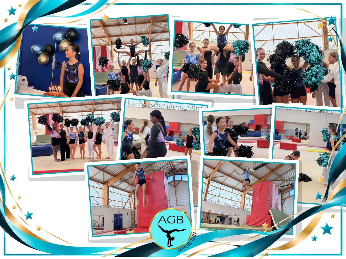 Souvenirs d'un anniversaire organisé par l'AGB : enfants en tenue, gymnastique et cheerleading avec pompons