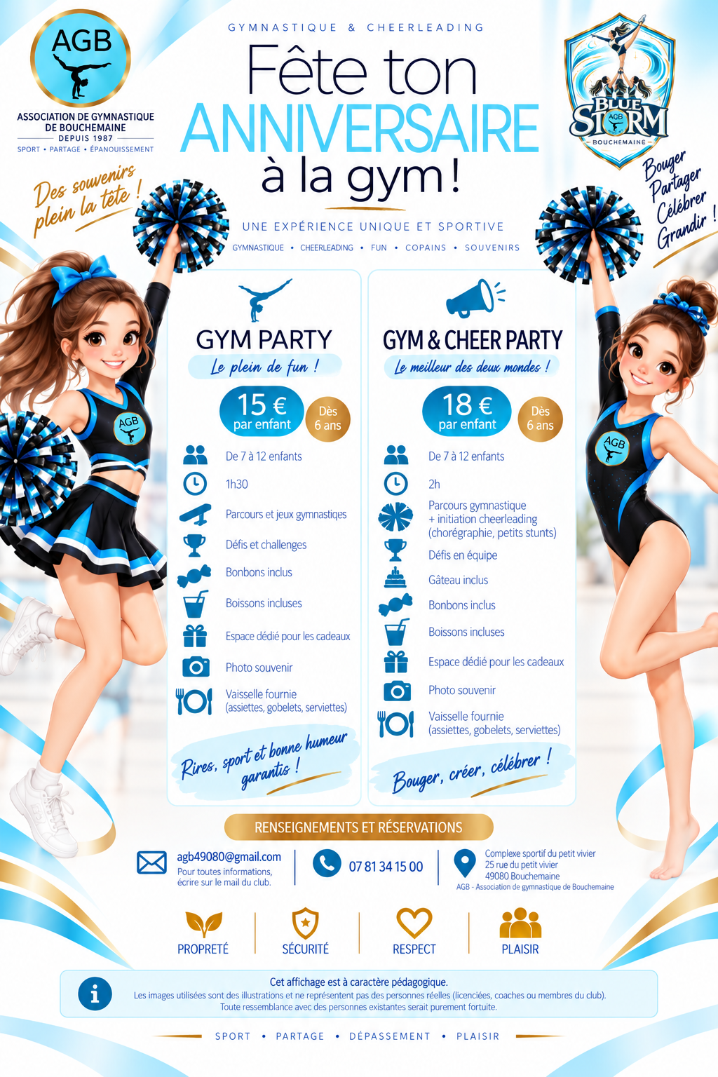 Affiche « Fête ton anniversaire à la gym ! » de l'AGB : les formules Gym Party et Gym & Cheer Party, dès 6 ans